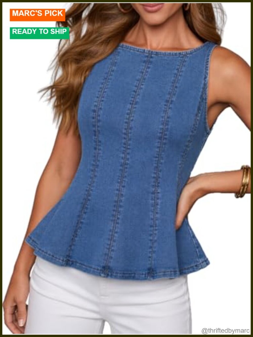 Denim Peplum Tank Top Fitted Bodice Exposed Back Zip